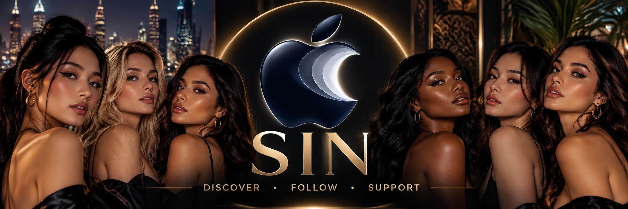 SIN nightlife campaign featuring six entertainers around the SIN logo: Discover, Follow, Support